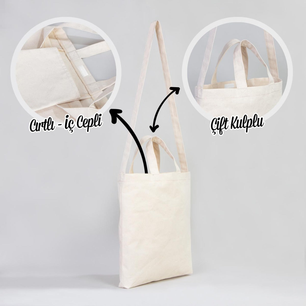 Kanvas Alışveriş Çanta İç Cepli Cift Kulplu Cırtlı Körüklü
