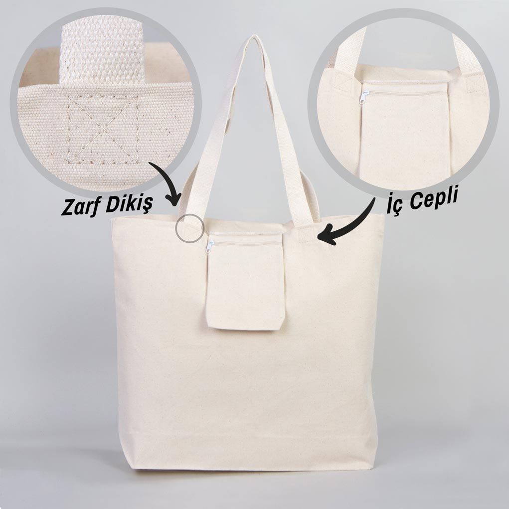 Kanvas Alışveriş Çantası İç Cepli Örgü Kulp 48x41x10 cm
