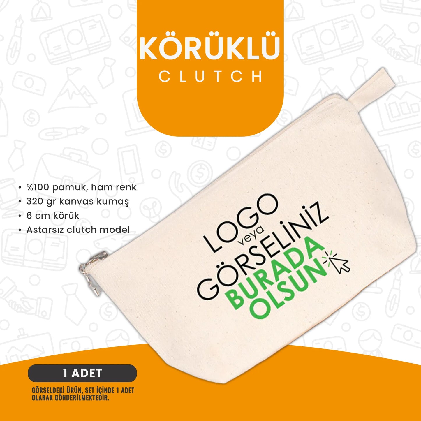 Logo baskılı körüklü clutch çanta – 320 gr kanvas kumaş, ham renk kurumsal hediye çantası