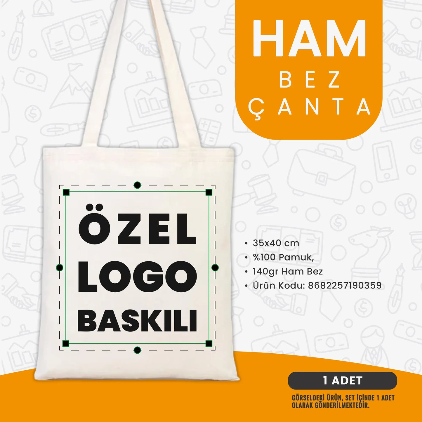 Özel logo baskılı ham bez çanta – 35x40 cm boyutunda, 100% pamuk 140 gr kumaştan üretilmiş promosyon çanta.