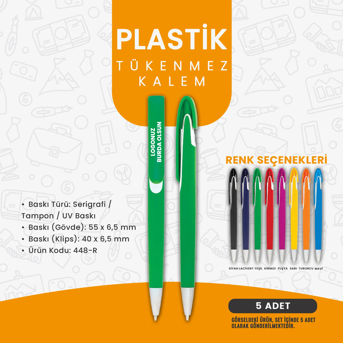 Kurumsal promosyon için üretilen plastik tükenmez kalem; serigrafi veya UV baskıya uygun, çeşitli renk logo baskılı kalem modeli.