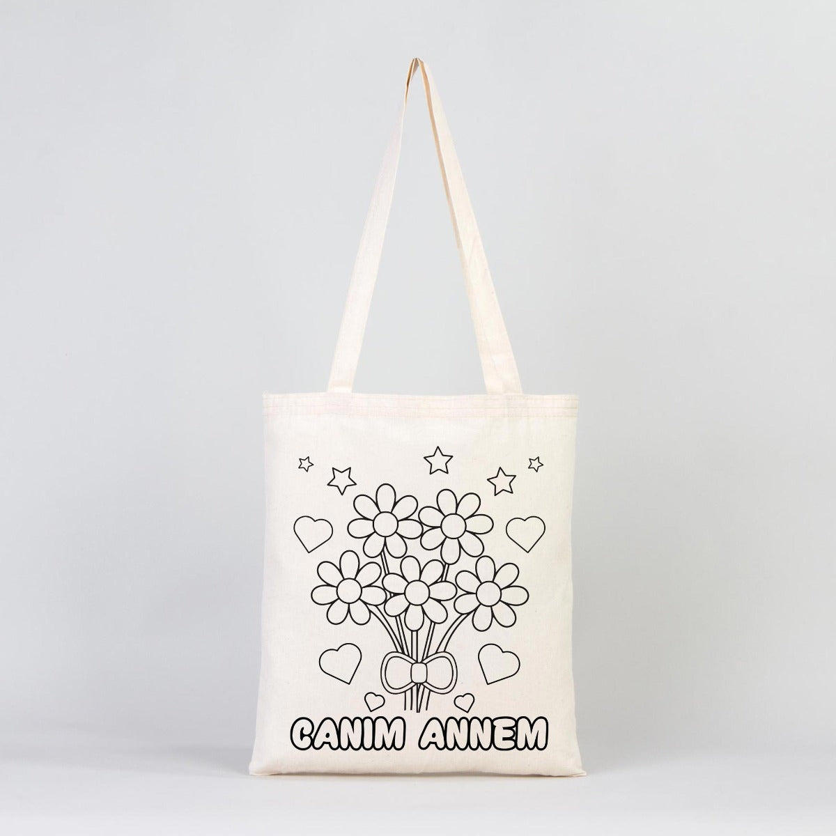 Boyanabilir Canım Annem Ham Bez Çanta - 35x40 cm - AYICIK ÇİÇEK Desenli