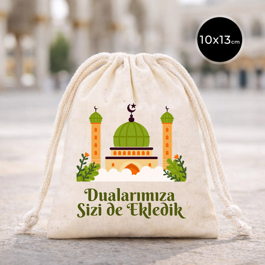 Hac ve Umre Hediyelik Ham Bez Çanta | 35x40 cm Kabe-i Muazzama’dan Selam ve Dua ile