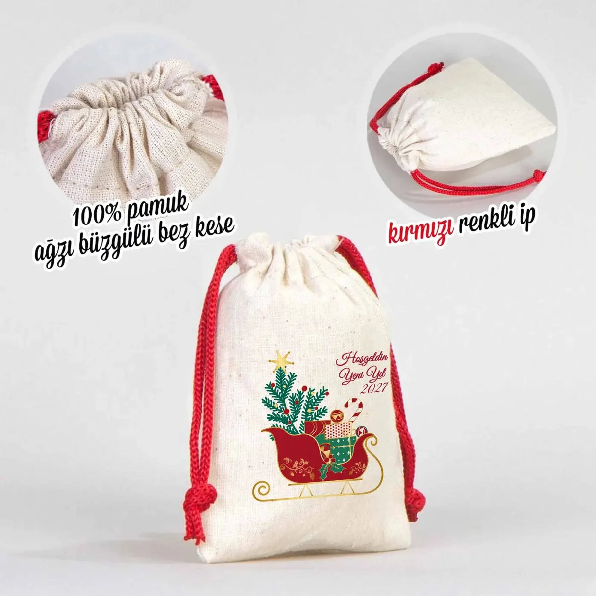 Yılbaşı Özel Bez Kese 10x13 cm - Renkli İp - Kırmızı (Özelleştirilebilir) - yakın çekim