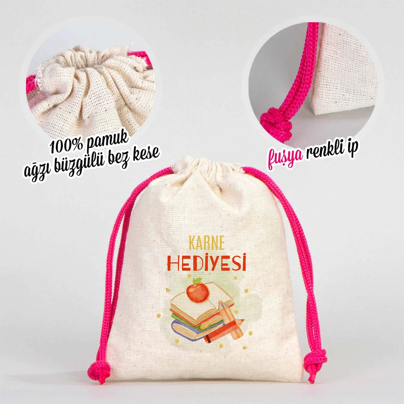 Karne Günü Hatıra Kesesi – Fuşya Büzgülü Pamuk 10×13 cm (Özelleştirilebilir)