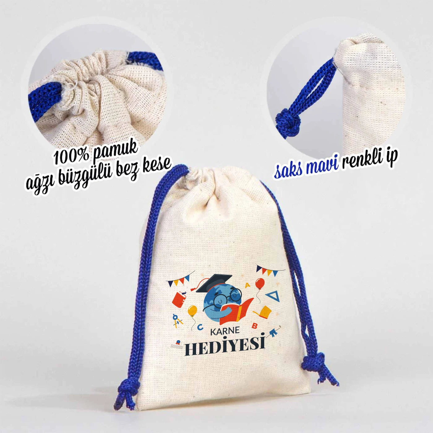 Karne Günü Hatıra Kesesi – Saks Mavi Büzgülü Pamuk 10×13 cm (Özelleştirilebilir)