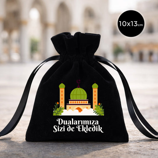 10x13 cm Kabe-i Muazzama’dan Selam ve Dua ile | Hac ve Umre Hediyelik Kadife Gül Kese Siyah