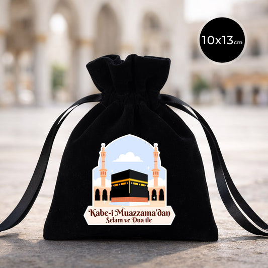 10x13 cm Sizlere Kabe-i Muazzama’dan Sevgi ve Selam Getirdik | Hac ve Umre Hediyelik Kadife Gül Kese Siyah
