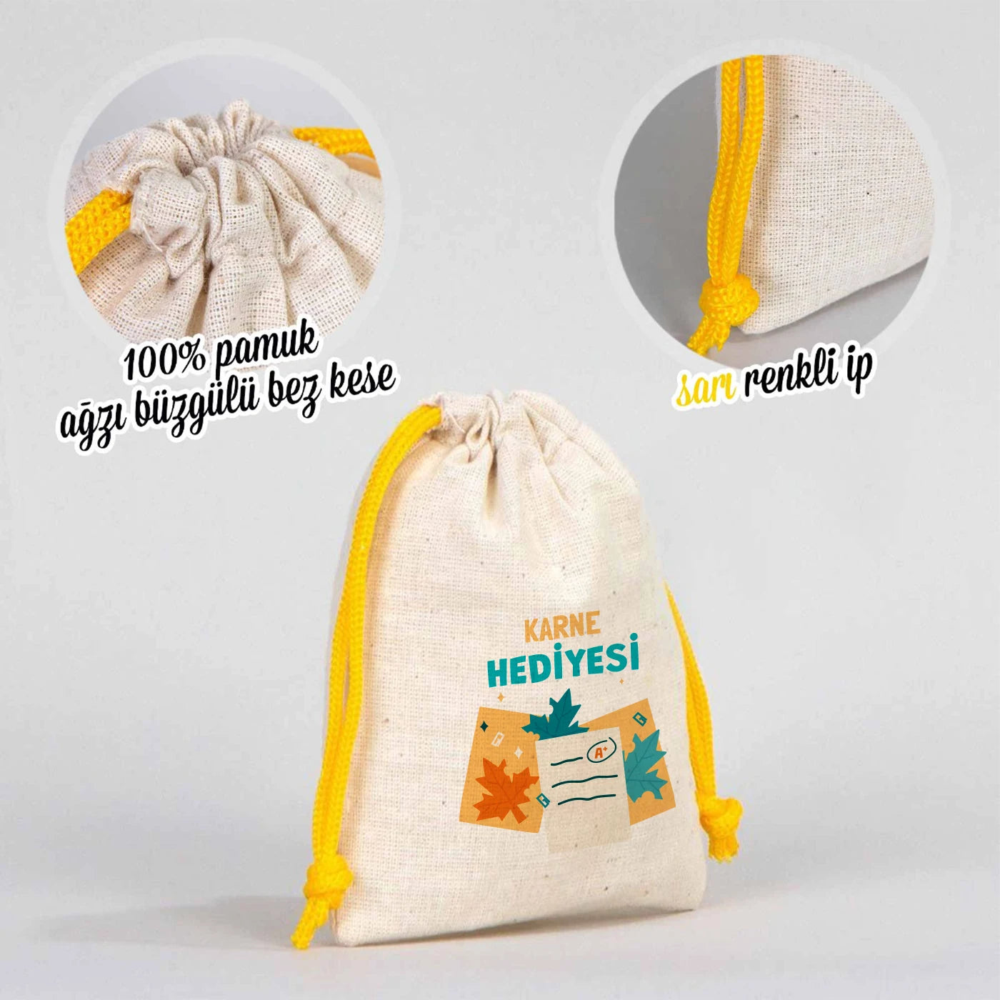 Karne Günü Hatıra Kesesi – Sarı Büzgülü Pamuk 10×13 cm (Özelleştirilebilir)