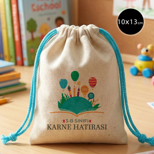 Karne Günü Hatıra Kesesi – Turkuaz Büzgülü Pamuk 10×13 cm (Özelleştirilebilir)