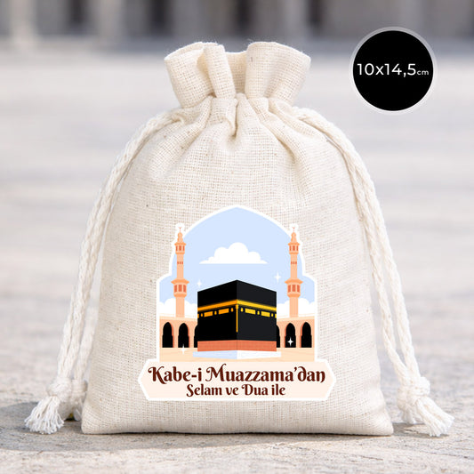 10x14,5 cm Dualarımıza Sizi de Ekledik | Hac ve Umre Hediyelik Bez Kese (Gündüz)