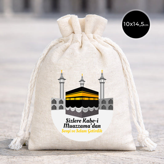 10x14,5 cm Kabe-i Muazzama’dan Selam ve Dua ile | Hac ve Umre Hediyelik Bez Kese