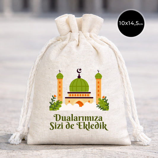 Hac ve Umre Hediyelik Bez Kese | 10x14,5 cm Kabe-i Muazzama’dan Selam ve Dua ile