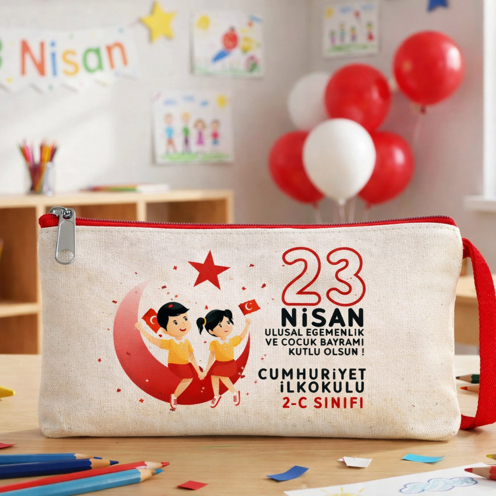 23 Nisan Renkli Fermuarlı Kalemlik Çanta 21x10 cm (Okul-Sınıf Baskılı)