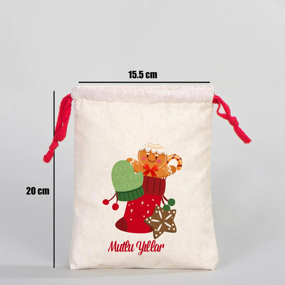 Yılbaşı Desenli Bez Kese 15,5x20 cm - Renkli İp - Kırmızı (Özelleştirilebilir) - yakın çekim