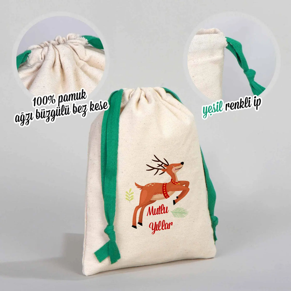 Yılbaşı Baskılı Bez Kese 15,5x20 cm - Renkli İp - Yeşil (Özelleştirilebilir) - görsel 6