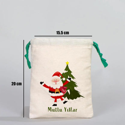 Yılbaşı Baskılı Bez Kese 15,5x20 cm - Renkli İp - Yeşil (Özelleştirilebilir) - yakın çekim
