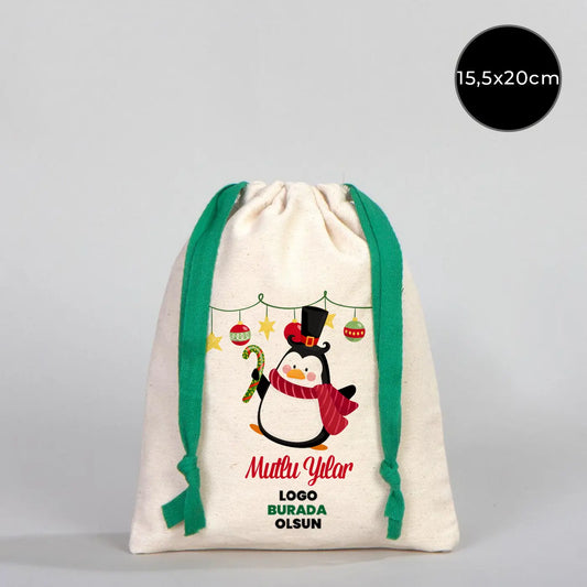 Yılbaşı Baskılı Bez Kese 15,5x20 cm - Renkli İp - Yeşil (Özelleştirilebilir)