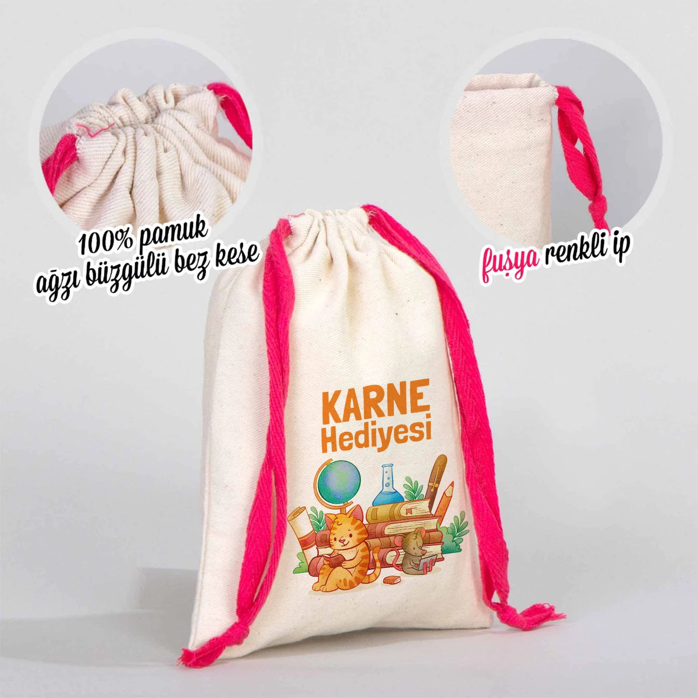 Ham Bez Karne Günü Kesesi – Fuşya Büzgülü Pamuk 15,5×20 cm (Özelleştirilebilir)