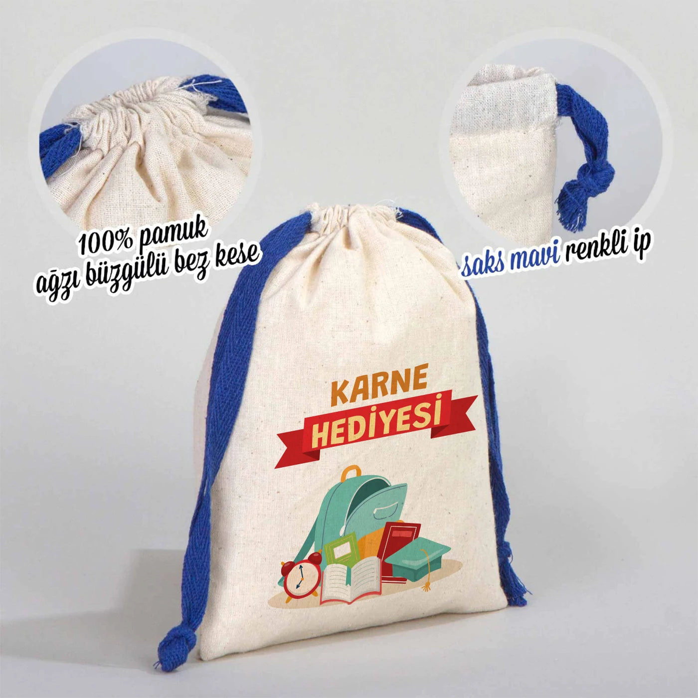 Ham Bez Karne Günü Kesesi – Saks Mavi Büzgülü Pamuk 15,5×20 cm (Özelleştirilebilir)