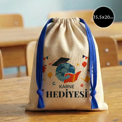 Ham Bez Karne Günü Kesesi – Saks Mavi Büzgülü Pamuk 15,5×20 cm (Özelleştirilebilir)