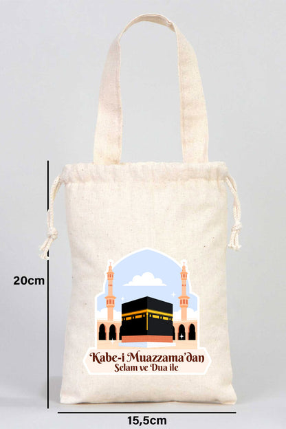 15x20 cm Kabe-i Muazzama’dan Selam ve Dua ile | Hac ve Umre Hediyelik Bez Kese Tek Tutma Kısa Kulp