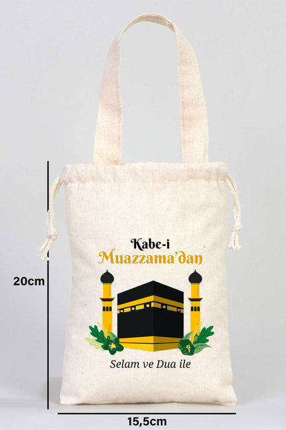 15x20 cm Kabe-i Muazzama’dan Selam ve Dua ile | Hac ve Umre Hediyelik Bez Kese Tek Tutma Kısa Kulp