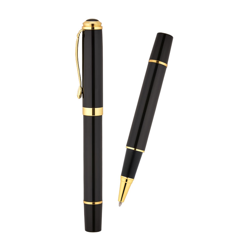 Siyah gövdeli, altın detaylı metal roller kalem – biri kapalı biri açık şekilde iki açıyla gösterilmiş premium yazı kalemi