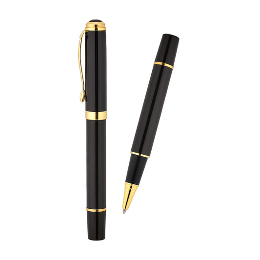 Siyah gövdeli, altın detaylı metal roller kalem – biri kapalı biri açık şekilde iki açıyla gösterilmiş premium yazı kalemi