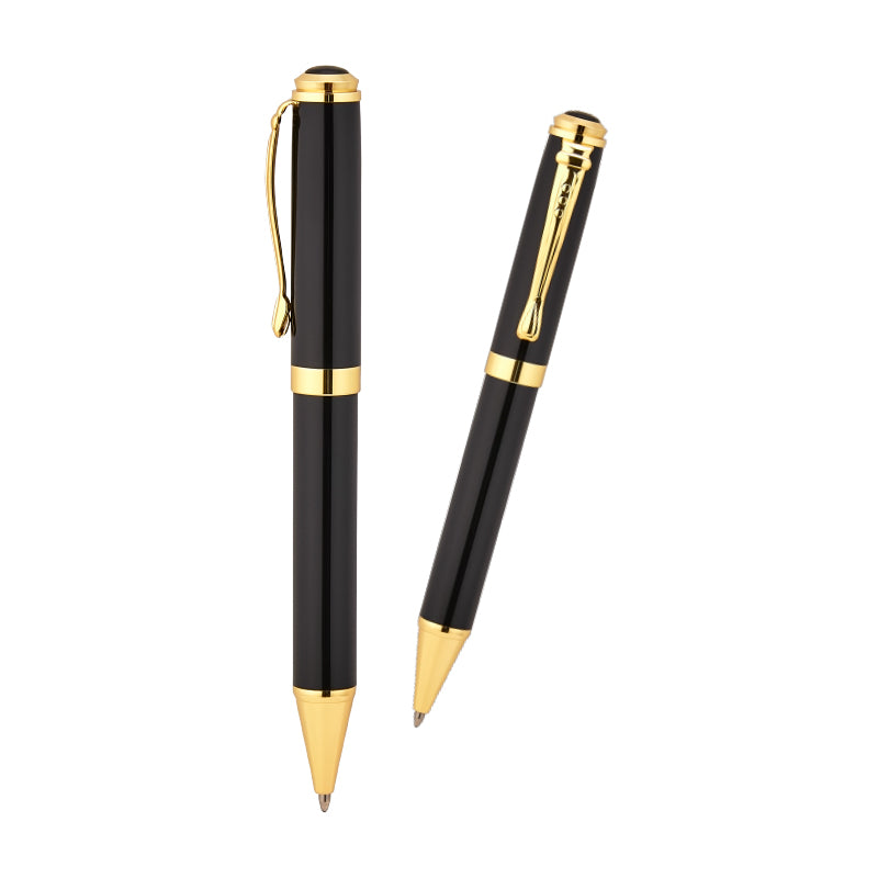 Siyah gövdeli, altın detaylı premium metal tükenmez kalem – iki farklı açıyla gösterilmiş şık yazı kalemi.