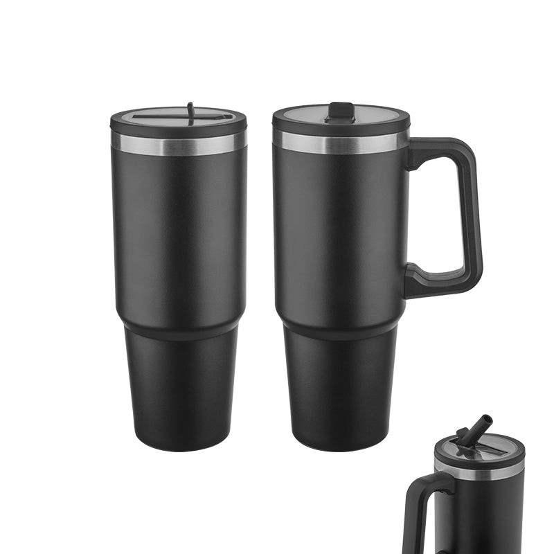 Siyah renk, büyük hacimli (900 ml) saplı çelik termos bardak – üstü kapaklı, paslanmaz gövdeli XL termos bardak