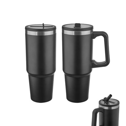 Siyah renk, büyük hacimli (900 ml) saplı çelik termos bardak – üstü kapaklı, paslanmaz gövdeli XL termos bardak