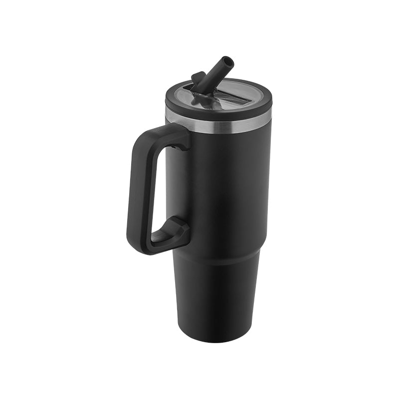 Siyah renk, büyük hacimli (900 ml) saplı çelik termos bardak – üstü kapaklı, paslanmaz gövdeli XL termos bardak