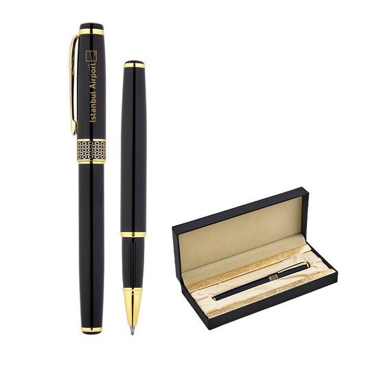 1213-KR Siyah Metal Roller Kalem Seti – Kutulu (Lazer & Serigraf Baskı)