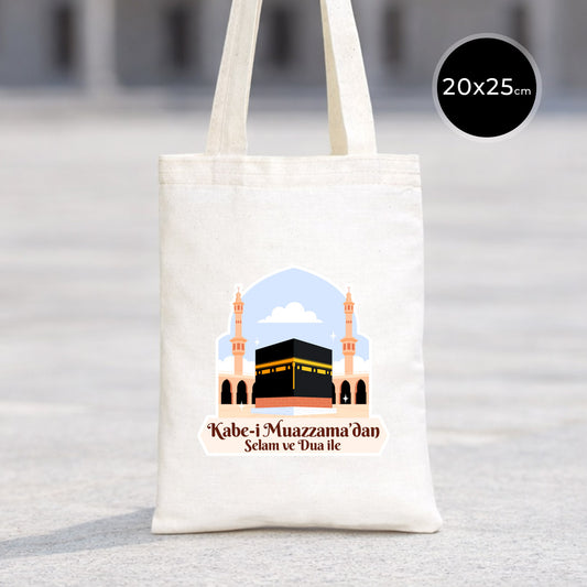 20x25 cm Dualarımıza Sizi de Ekledik | Hac ve Umre Hediyelik Ham Bez Çanta