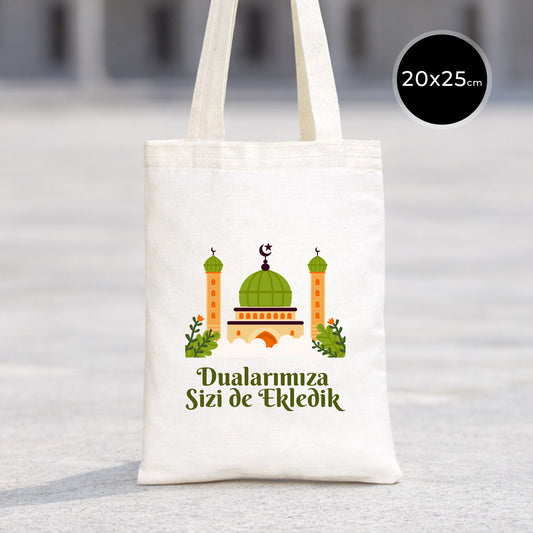 Hac ve Umre Hediyelik Ham Bez Çanta | 20x25 cm Kabe-i Muazzama’dan Selam ve Dua ile