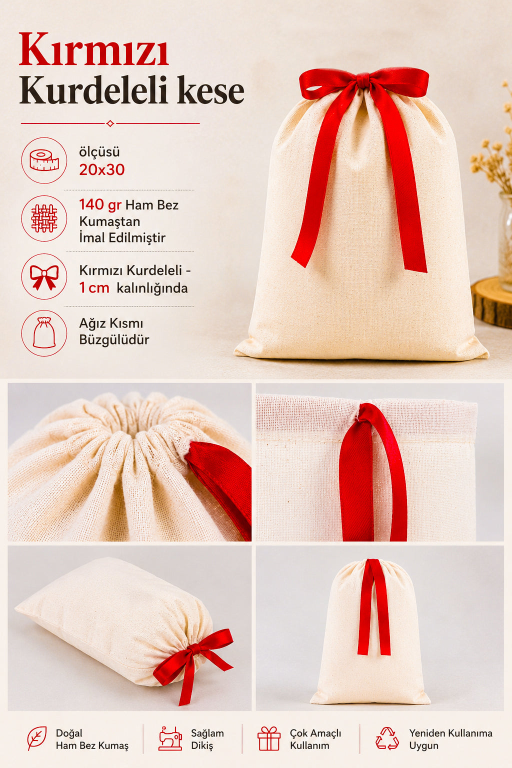 Bez Kese Kırmızı Kurdelalı - 20x30 cm (Özelleştirilebilir)