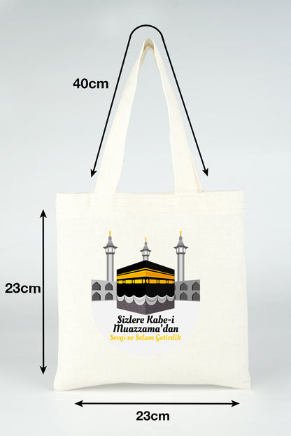 23x23 cm Kabe-i Muazzama’dan Selam ve Dua ile | Hac ve Umre Hediyelik Ham Bez Çanta