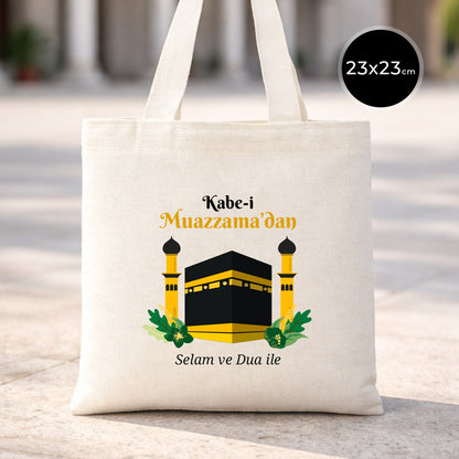 23x23 cm Dualarımıza Sizi de Ekledik | Hac ve Umre Hediyelik Ham Bez Çanta