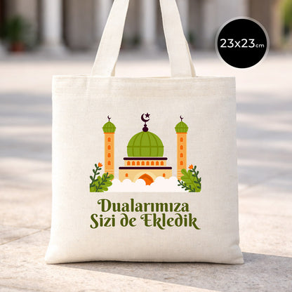 Hac ve Umre Hediyelik Ham Bez Çanta | 23x23 cm Kabe-i Muazzama’dan Selam ve Dua ile