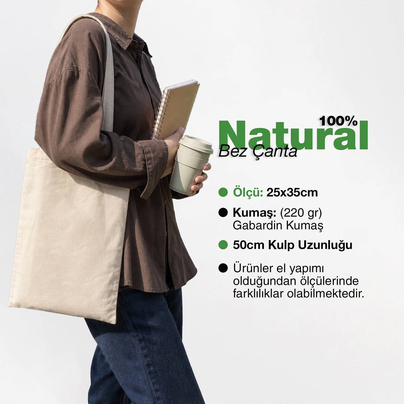 Gabardin Bez Çanta Uzun Kulp 25x35 cm (Özelleştirilebilir)