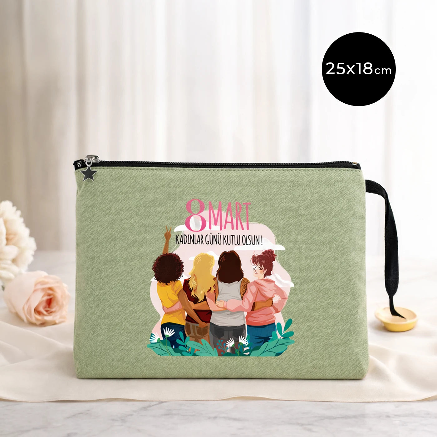 25x18 cm Mint Yeşili Astarlı Kanvas Kalemlik - Kadınlar Günü Hediyesi