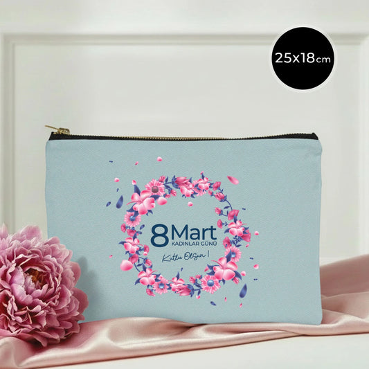 25x18 cm Açık Mavi Metal Fermuarlı Kalemlik - Kadınlar Günü Hediyesi