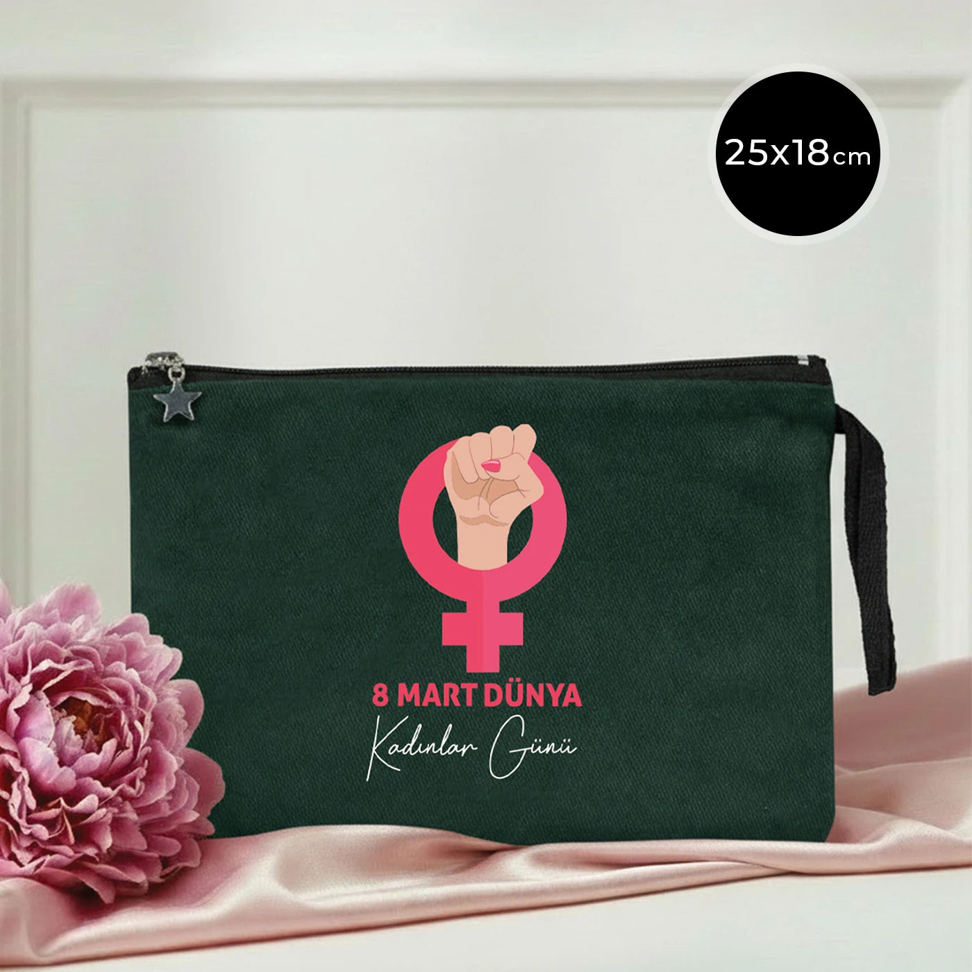 25x18 cm Çam Yeşili Astarlı Kanvas Kalemlik - Kadınlar Günü Hediyesi