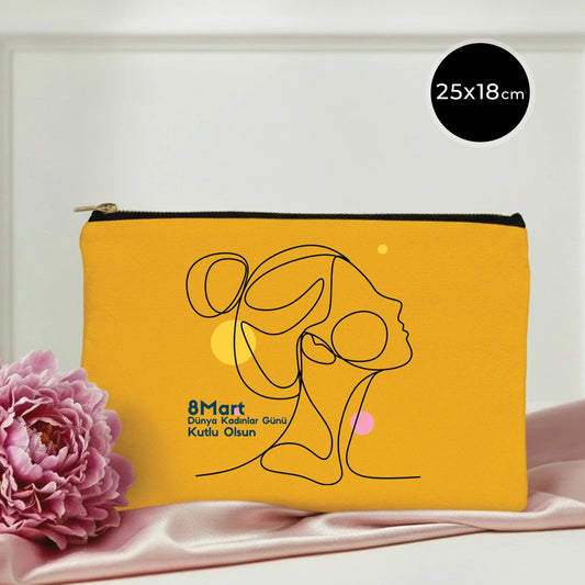 25x18 cm Sarı Metal Fermuarlı Kalemlik - Kadınlar Günü Hediyesi
