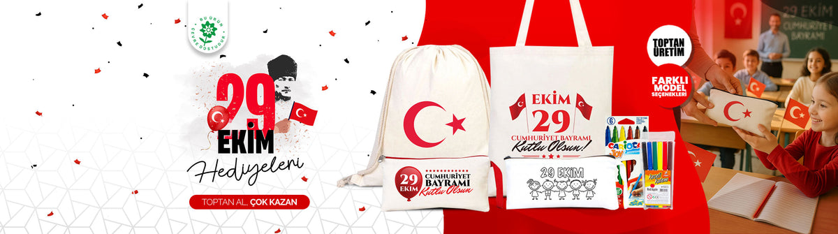 29 Ekim Cumhuriyet Bayramı hediyeleri – baskılı bez çanta, kese ve kalemlik