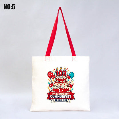 40x35 cm Kırmızı Kulp Gabardin Bez Çanta Baskılı - 29 Ekim Cumhuriyet Bayramı No.5 - istepromosyon.com