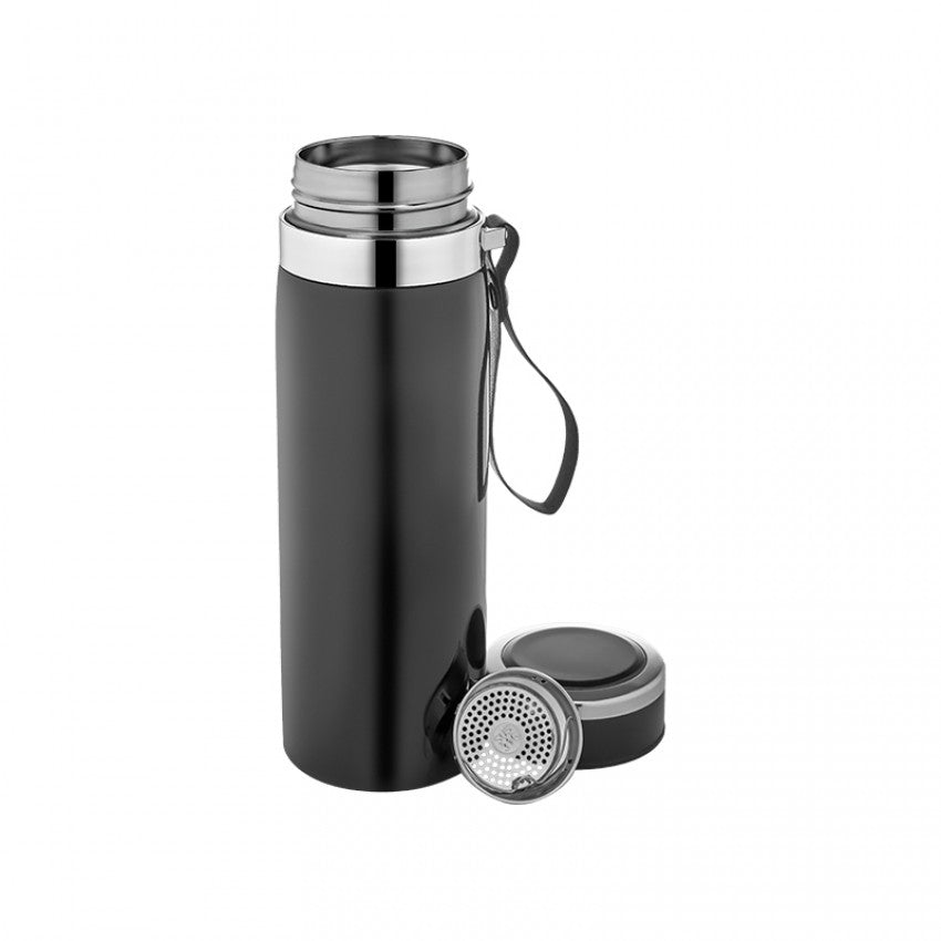 Siyah çelik termos 800 ml süzgeçli – kapaklı, paslanmaz gövdeli promosyon termos.