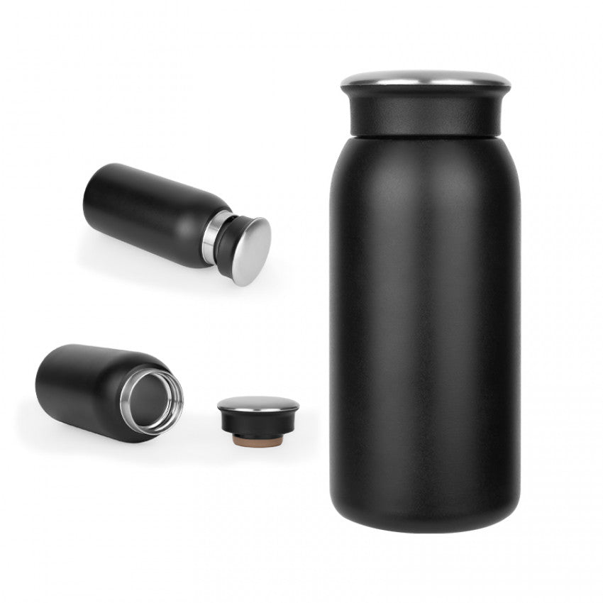 Siyah çelik termos 350 ml – paslanmaz iç hazneli, çıkarılmış kapağıyla birlikte yatay konumda gösterilen termos.