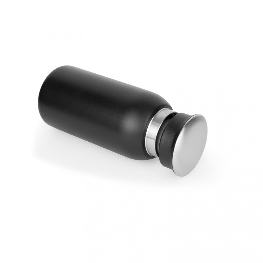 Siyah çelik termos 350 ml – paslanmaz iç hazneli, çıkarılmış kapağıyla birlikte yatay konumda gösterilen termos.